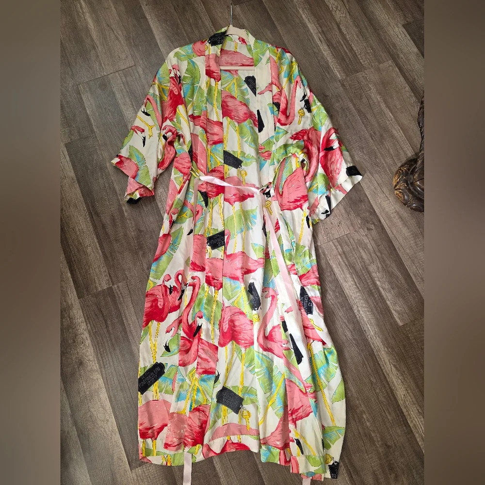 Vintage Boho Hotel Fontainbleu 227 Paris Hollywood Silk Kimono Robe Flamingo - Picture 3 of 8